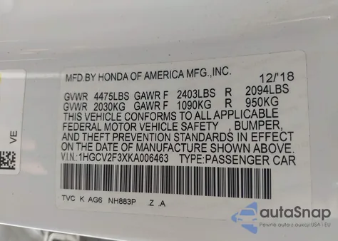 2019 Honda Accord Sport 2.0T из США, поврежденный, VIN 1HGCV2F3XKA006463